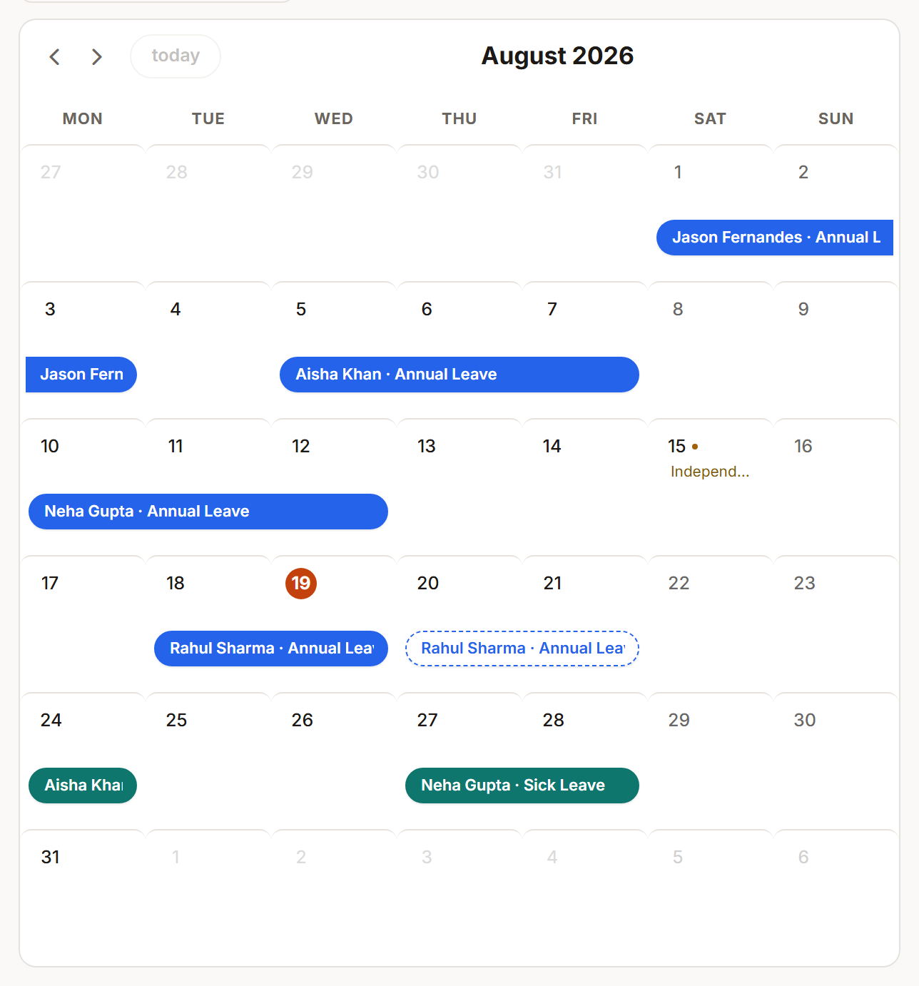 Offlo's team calendar showing everyone's approved and pending leave for the month